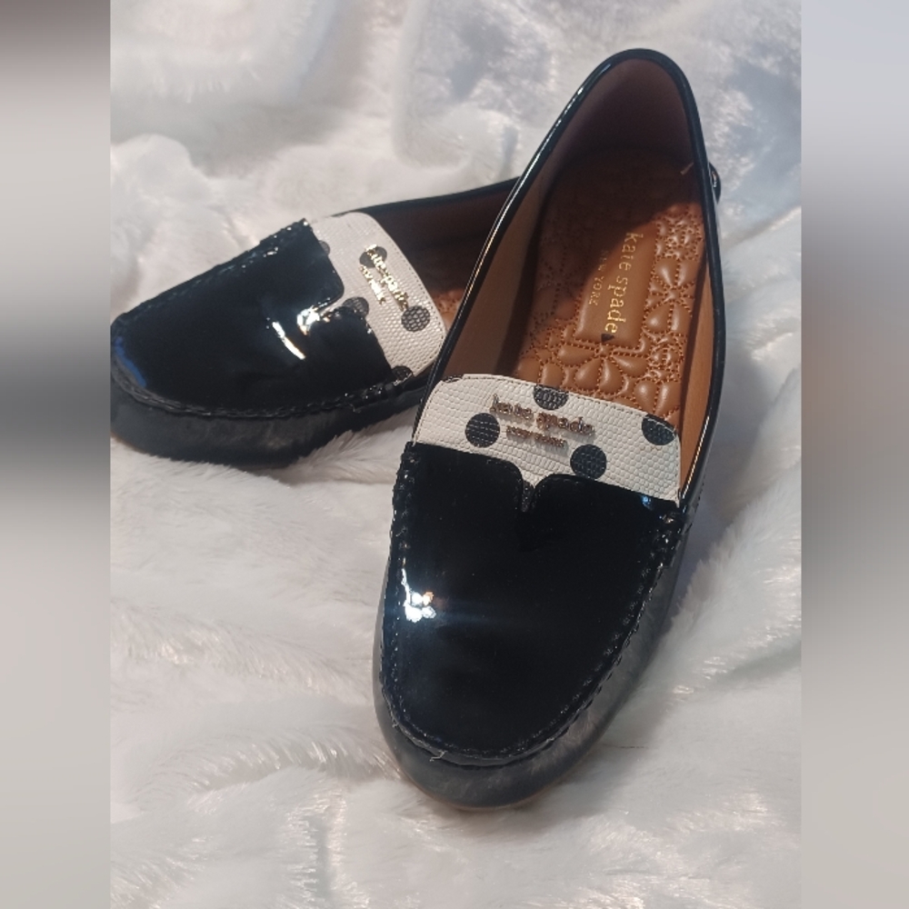Kate Spade Black Patent Leather Loafers with Polka Dot Accent